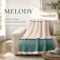 Strickdecke MELODY 130x170 cm – Kuscheldecke in Rosa, Creme & Türkis – Weiche Wohndecke aus 100 % Polyacryl