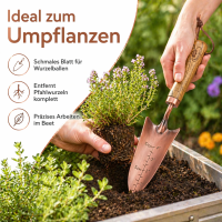 Verkupferte Blumenkelle mit Holzgriff & Tiefenskala