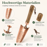 Verkupferte Blumenkelle mit Holzgriff & Tiefenskala