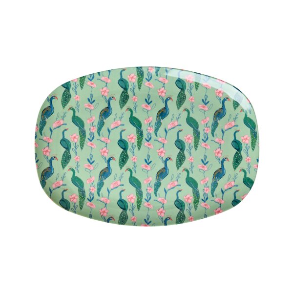 Rice Melamin Teller Rechteckig - Pfau Motiv Grün 30 x 22 cm