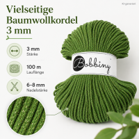 Baumwollkordel 3mm 100m Grün - Shiny Moss Green für Makramee