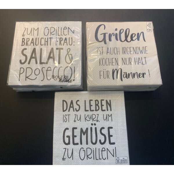 OUTLET - RESTPOSTEN - Boltze Servietten Grillen, 100 tlg., 3 sort., Mehrfarbig, Spruch/Text, Spruch, Beige, Schwarz, Weiß, Papier Papier Farbmix