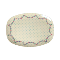 Rice Melamin Teller Rechteckig - Dots and Flowers Motiv Creme 30 x 22 cm