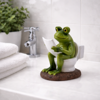 Witzige Frosch-Dekofigur auf Toilette mit Zeitung – Polyresin, 12,5 cm