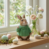 Deko Hase mit grünem Pullover – Sitzende Hasenfigur aus Kunstharz 23,5 cm