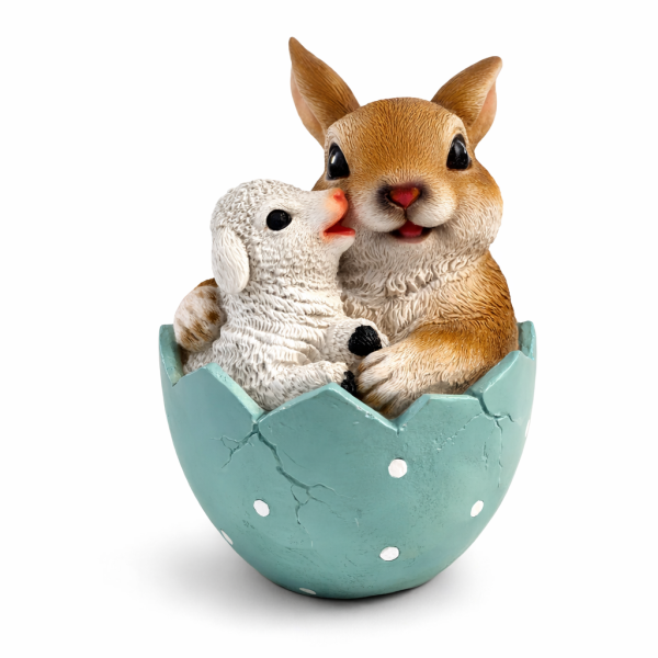 Dekofigur Hase und Lamm im Ei – Osterfigur aus Kunstharz 14,5 cm