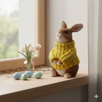 Deko Hase mit gelbem Pullover – Sitzende Hasenfigur aus Kunstharz 23,5 cm