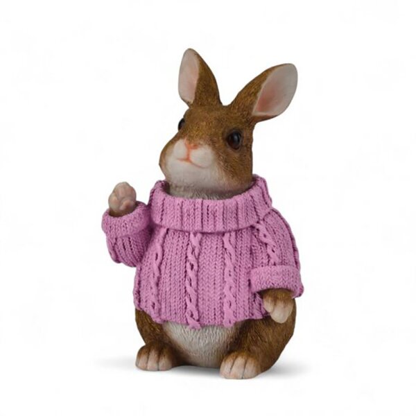 Deko Hase mit Rosa Pullover – Sitzende Hasenfigur aus Kunstharz 23,5 cm