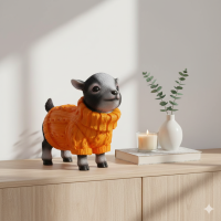 Dekofigur Ziege mit Pullover in Orange – Tierfigur aus Polyresin 16 cm