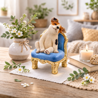 Dekofigur Hund auf Sessel – liebevolle Tierfigur aus Polyresin 20 cm