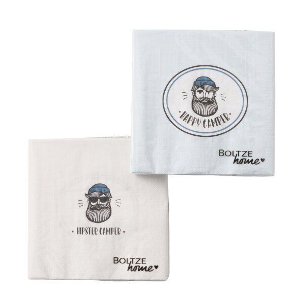 Boltze Home Papierservietten Set „Happy Camper & Hipster Camper“ – 2 Motive, 16,5 x 16,5 cm, bedruckte Servietten für Camping & Tischdeko