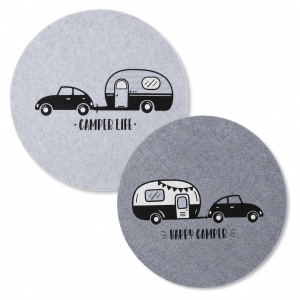 Runde Tischsets im 2er-Set „Camper Life“ & „Happy Camper“ – für echtes Vanlife-Feeling am Tisch