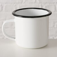 Camping Emaillebecher „Happy Camper“ – 300 ml, Metallbecher Schwarz/Weiß