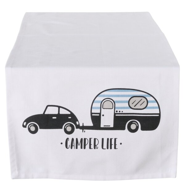 Camper Life Tischläufer aus Baumwolle – 140 x 40 cm, Schwarz/Weiß