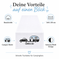 Camper Life Tischläufer aus Baumwolle – 140 x 40 cm, Schwarz/Weiß
