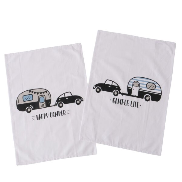 Camping Geschirrtücher 2er Set – Baumwolle 70x50 cm, Happy Camper
