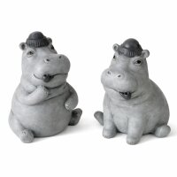 Nilpferd Dekofiguren 2er Set – Kunstharz, handbemalt, Grau 12 cm