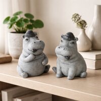 Nilpferd Dekofiguren 2er Set – Kunstharz, handbemalt, Grau 12 cm