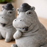 Nilpferd Dekofiguren 2er Set – Kunstharz, handbemalt, Grau 12 cm
