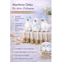 Kantensitzer Möwen Sigurd 3er Set aus Kunstharz in Weiß-Blau – maritime Deko für Fensterbank, Regal & Bad