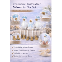 Kantensitzer Möwen Sigurd 3er Set aus Kunstharz in Weiß-Blau – maritime Deko für Fensterbank, Regal & Bad