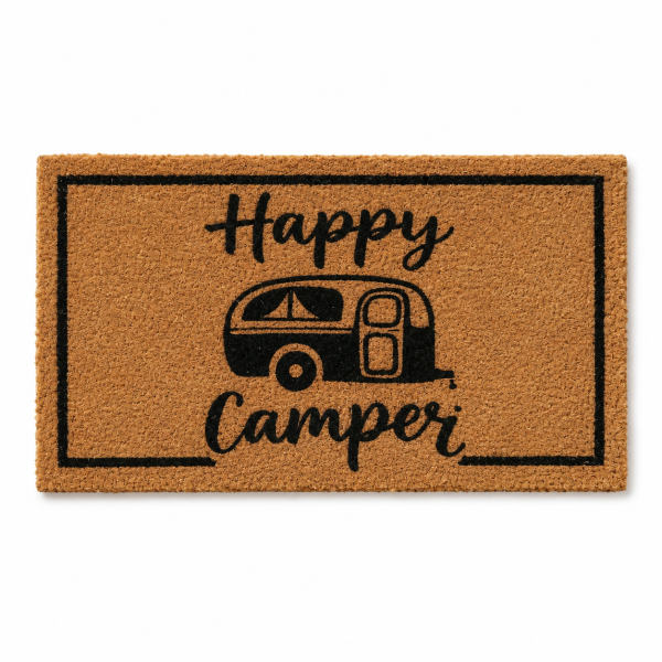 Fußmatte Happy Camper aus Kokos 50 x 25 cm – dekorative Kokosmatte mit Camper Motiv