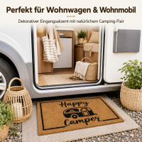 Fußmatte Happy Camper aus Kokos 50 x 25 cm – dekorative Kokosmatte mit Camper Motiv