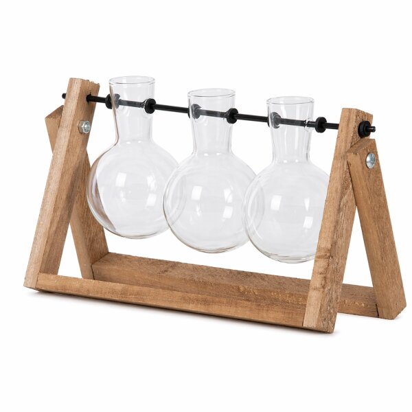 Stecklingvase mit 3 Glasvasen im Holzständer aus Paulownia-Holz