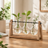 Stecklingvase mit 3 Glasvasen im Holzständer aus Paulownia-Holz