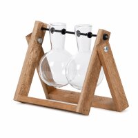 Stecklingsvase mit 2 Glasvasen und Holzgestell – Vermehrungsstation aus Glas, Holz und Eisen