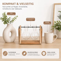 Stecklingsvase mit 2 Glasvasen und Holzgestell – Vermehrungsstation aus Glas, Holz und Eisen