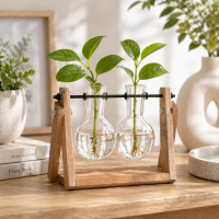 Stecklingsvase mit 2 Glasvasen und Holzgestell – Vermehrungsstation aus Glas, Holz und Eisen