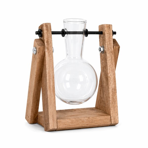 Stecklingsvase mit Holzgestell und Glasvase – Vermehrungsstation aus Glas, Paulownia-Holz und Eisen