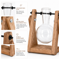 Stecklingsvase mit Holzgestell und Glasvase – Vermehrungsstation aus Glas, Paulownia-Holz und Eisen