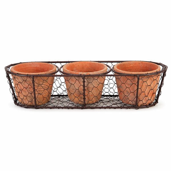 3 Terracotta Töpfe im Drahtkorb – handgefertigtes Pflanztopf Set