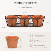 3 Terracotta Töpfe im Drahtkorb – handgefertigtes Pflanztopf Set