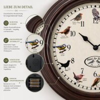 Wanduhr mit Vogelgezwitscher – Uhr mit 12 Vogelstimmen und Vogelmotiven, 29,8 cm