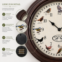 Wanduhr mit Vogelgezwitscher – Uhr mit 12 Vogelstimmen und Vogelmotiven, 29,8 cm