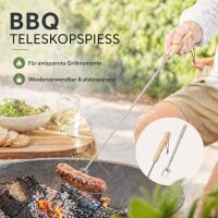 Teleskopgrillspieß aus Edelstahl mit Holzgriff – ausziehbarer Grillspieß bis 80 cm