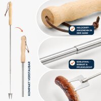 Teleskopgrillspieß aus Edelstahl mit Holzgriff – ausziehbarer Grillspieß bis 80 cm