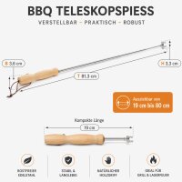 Teleskopgrillspieß aus Edelstahl mit Holzgriff – ausziehbarer Grillspieß bis 80 cm