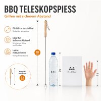 Teleskopgrillspieß aus Edelstahl mit Holzgriff – ausziehbarer Grillspieß bis 80 cm