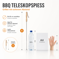 Teleskopgrillspieß aus Edelstahl mit Holzgriff – ausziehbarer Grillspieß bis 80 cm