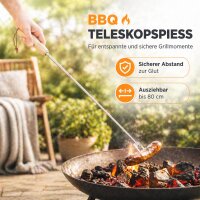 Teleskopgrillspieß aus Edelstahl mit Holzgriff – ausziehbarer Grillspieß bis 80 cm