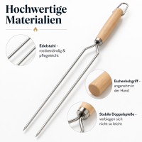 Bratenspieß mit Doppelspitze aus Edelstahl und Eschenholz – 56 cm Grillspieß