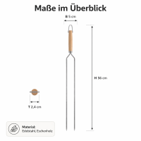 Bratenspieß mit Doppelspitze aus Edelstahl und Eschenholz – 56 cm Grillspieß