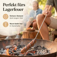 Wurstspieß mit Spiralhalter und Holzgriff 74,5 cm – Bratwurstspieß für Lagerfeuer und Feuerstelle