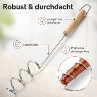Wurstspieß mit Spiralhalter und Holzgriff 74,5 cm – Bratwurstspieß für Lagerfeuer und Feuerstelle