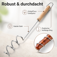 Wurstspieß mit Spiralhalter und Holzgriff 74,5 cm – Bratwurstspieß für Lagerfeuer und Feuerstelle