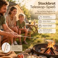 Stockbrotspieß mit Holzgriff und Teleskopstab – ausziehbarer Edelstahlspieß für Feuerstelle und Lagerfeuer